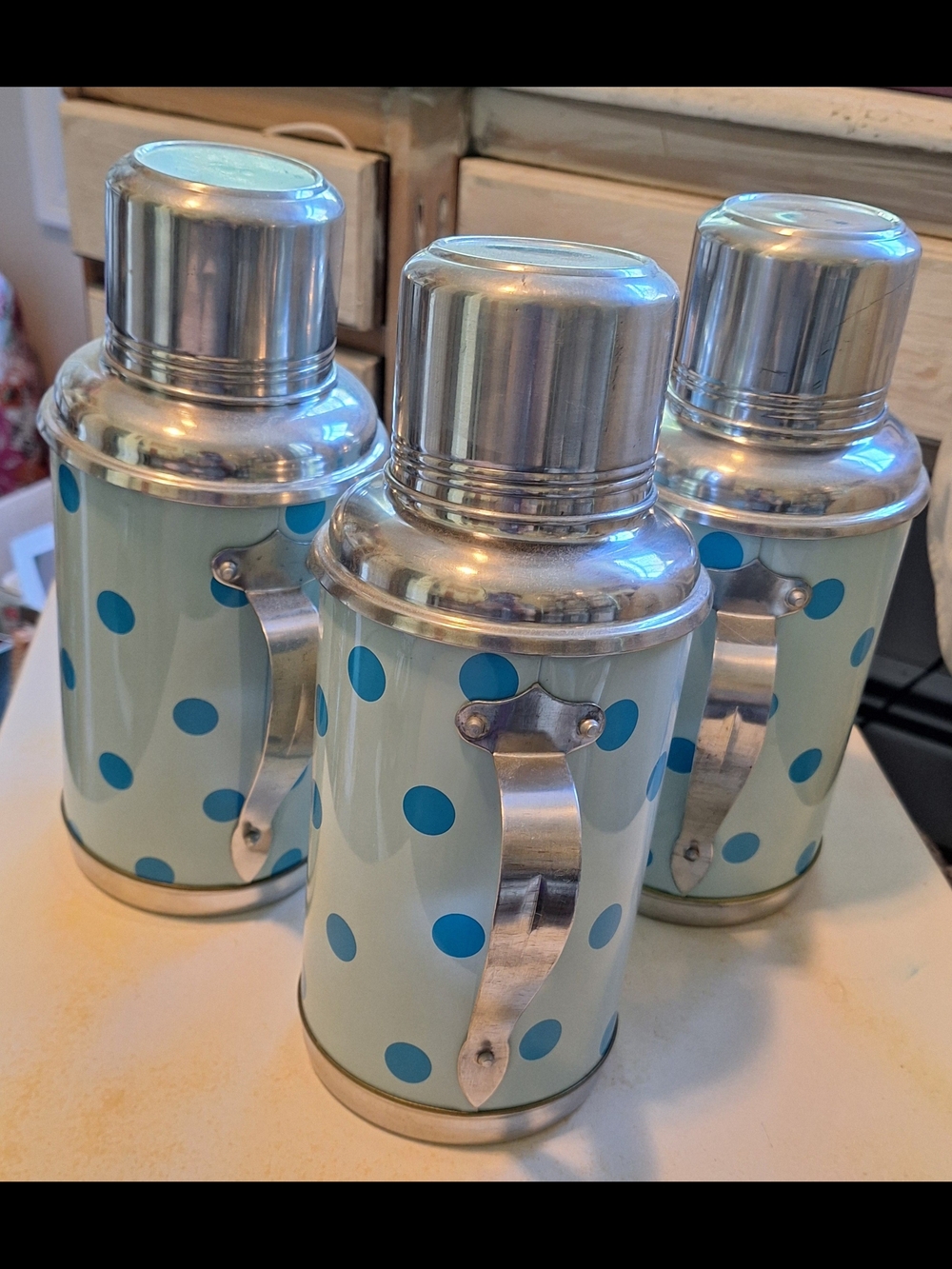 Blue Polka Dot Stainless Steel Thermos Bottle - Retro Style